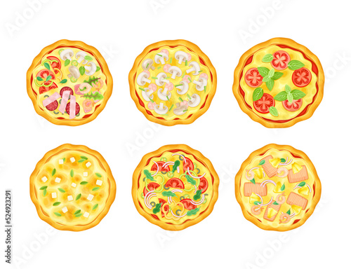 Appetizing Italian Pizza as Round Hot Dough Topped with Ingredients Above View Vector Set