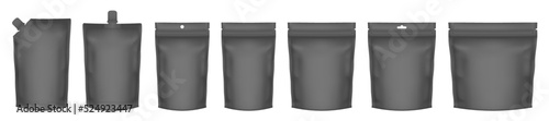 Set of realistic doy pack mockups. Black flow pack, sachet, zip bag and doypack