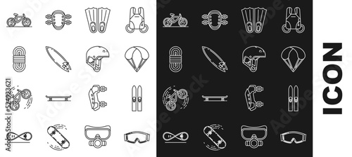 Set line Ski goggles, and sticks, Parachute, Rubber flippers for swimming, Surfboard, Climber rope, Bicycle and Helmet icon. Vector