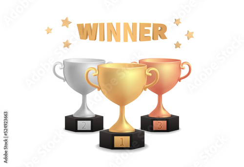 Champion award ceremony concept in cartoon style. Gold silver bronze trophy cups. Game winner prize cups, racing sport trophies, ranking places goblet prize icons vector illustration.