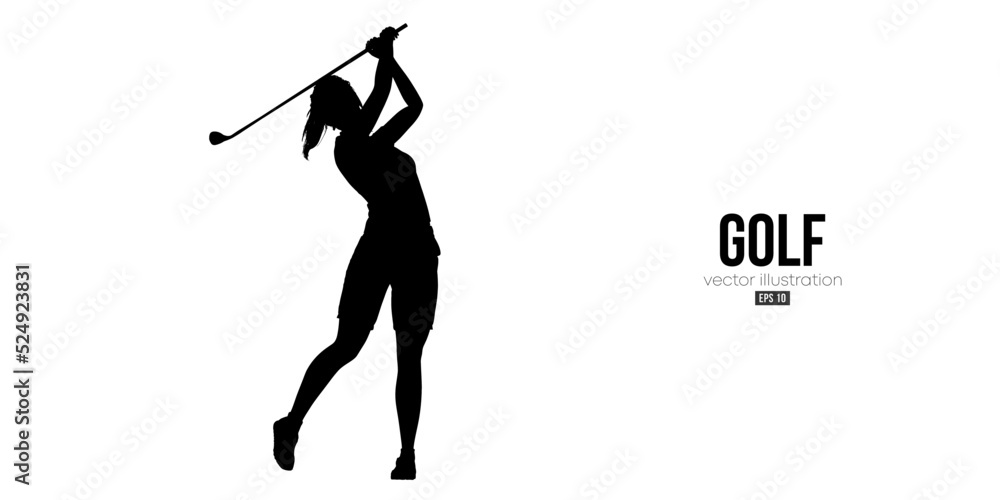 Fototapeta premium Abstract silhouette of a golf player on white background. Golfer woman hits the ball. Vector illustration