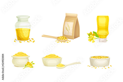Mustard Yellow Paste in Bowl, Oil in Glass Jar and Grain or Seeds Vector Set