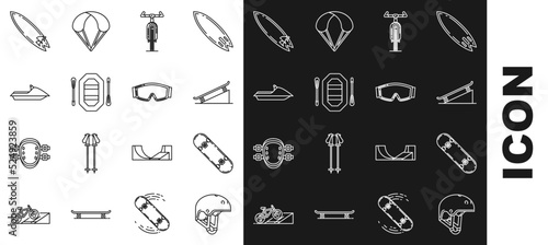 Set line Helmet, Skateboard trick, on street ramp, Bicycle, Rafting boat, Jet ski, Surfboard and Ski goggles icon. Vector