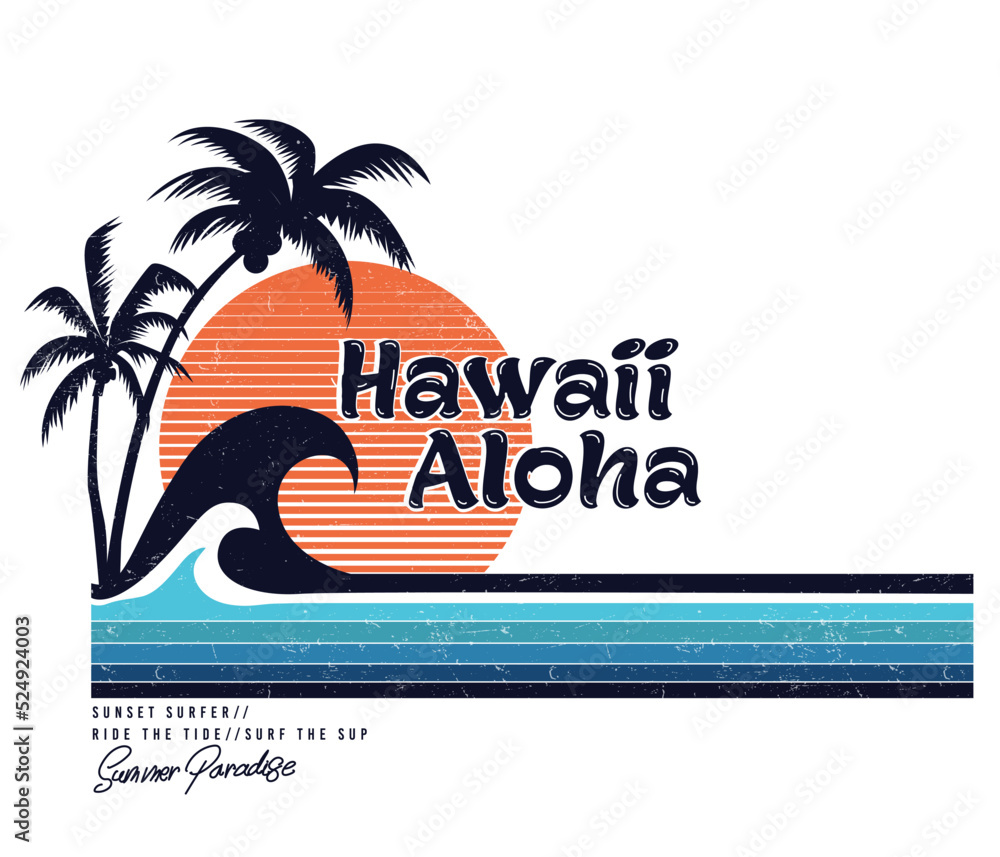 sunset Hawaii Aloha summer Paradise, text with waves and sun vector ...
