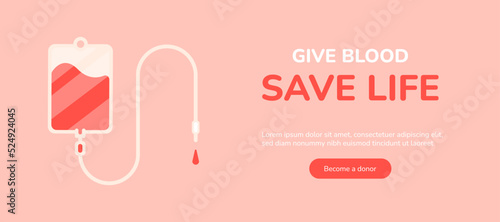 Give blood poster. Medicine campaign savings bloodbank, pack or bottle donor plasma, donate bloody drop for aid hospital resuscitation, charity world donors day vector illustration