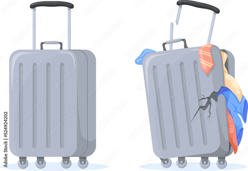 Damaged suitcase. Ripped vacation luggage, baggage airport exchange,  cartoon travel bag lost plastic suitcases with clothes broken backpack  destroyed case, neat vector illustration Stock-Vektorgrafik | Adobe Stock