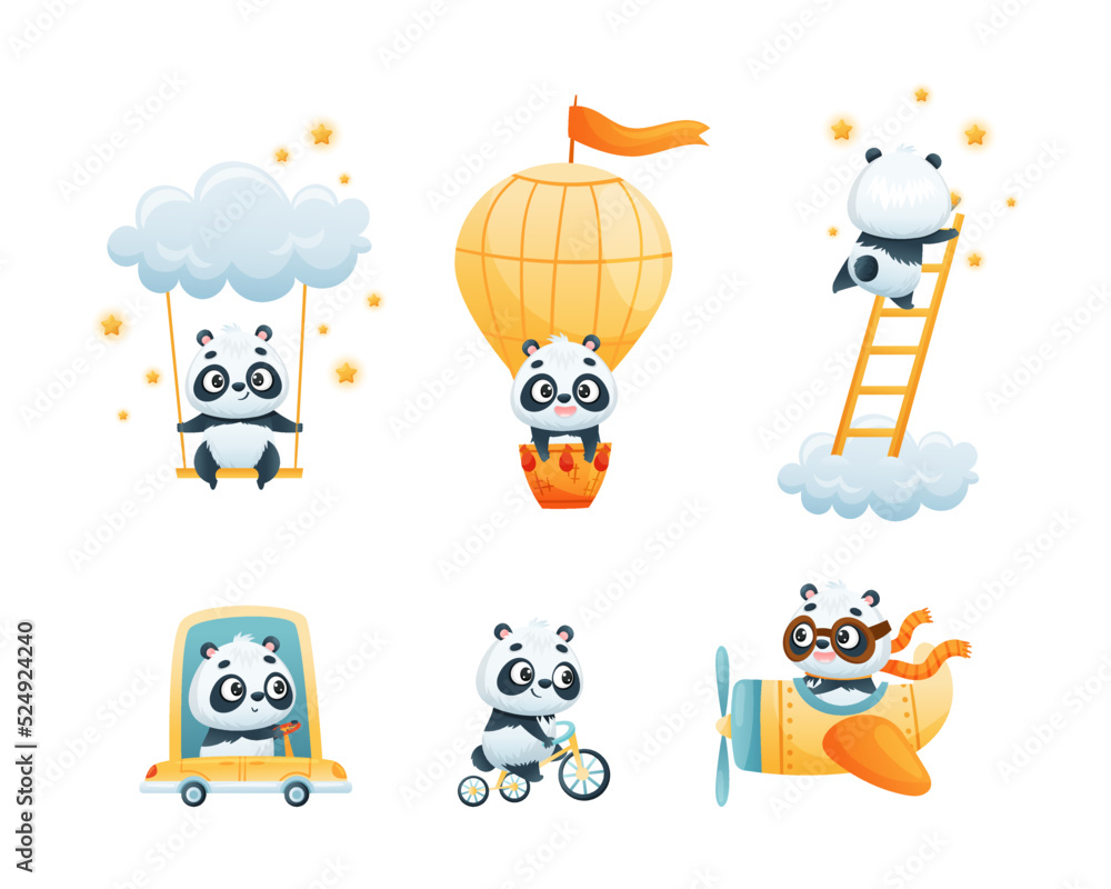Cute Baby Panda Character Engaged in Different Activity Vector Set Cute Baby Panda Character Engaged in Different Activity Vector Set