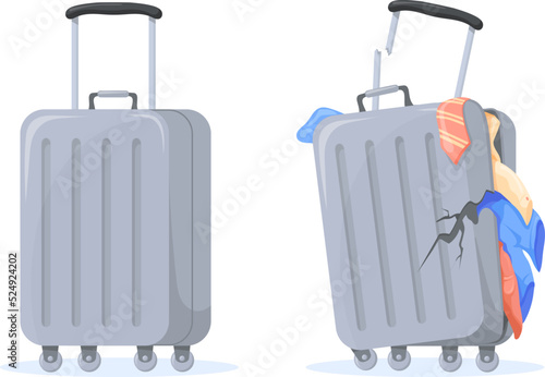 Damaged suitcase. Ripped vacation luggage, baggage airport exchange, cartoon travel bag lost plastic suitcases with clothes broken backpack destroyed case, neat vector illustration