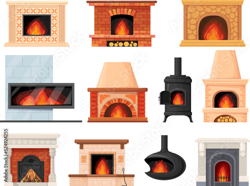 Cartoon fireplaces stoves. Fireplace chimney electric fire wood heat systems, cozy fireside classic decorated home hearth iron stone contemporary heater, neat vector illustration
