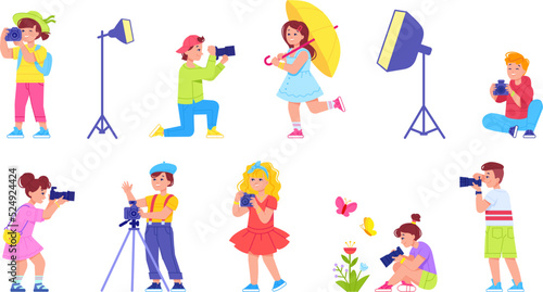 Little Photograph. Child photographing, kid photo studio digital school, explorer children photographer click camera capturing nature discover, isolated swanky vector illustration