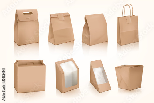 3d takeout bags. Restaurant takeaway food package, seal sticker pouch delivery craft paper handle bag or lunch box cardboard container bakery carton sachet tidy vector illustration