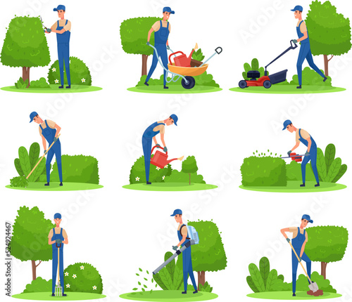 Gardener maintenance backyard. Man pruning garden hedge plant, trim tree care jardin cutting grass lawn mower garden landscape worker with wheelbarrow