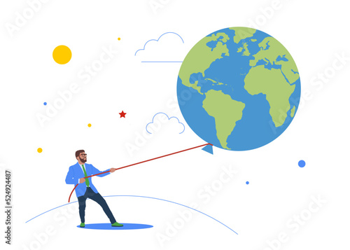 Businessman try to keep inflation balloons from rising. World inflation bubble or  risks of the global economy.  Demand and supply are in equilibrium.