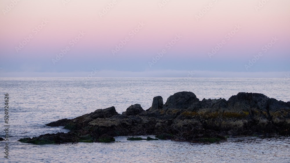 Rugged Rocks on a rocky shore on the West Coast of Pacific Ocean. Summer sunrise. Ucluelet, Vancouver Island, British Columbia, Canada. Nature Background