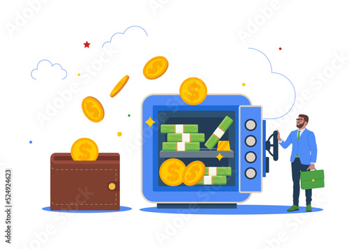 Money savings and secure bank deposit. Sending money from wallet to the safe.