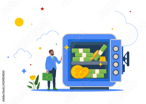 Businessman investor standing with security safe with full of cash, gold inside. Alternative financial assets, cryptocurrency bitcoin, cash and gold for investment retirement plan.