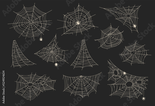 Abandoned cobwebs. Spiderweb closeup on black background, halloween spider web spooky trap border cartoon webs insect thread on corner old net cobweb, ingenious vector illustration