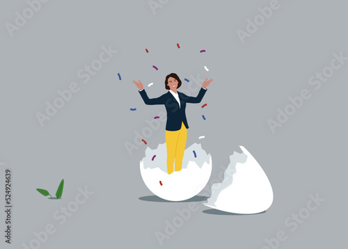 Ambitious woman worker just hatched from cracked egg. Newbie or beginner just start new business, entrepreneur or start up, begin new job position in of comfort or safe zone.