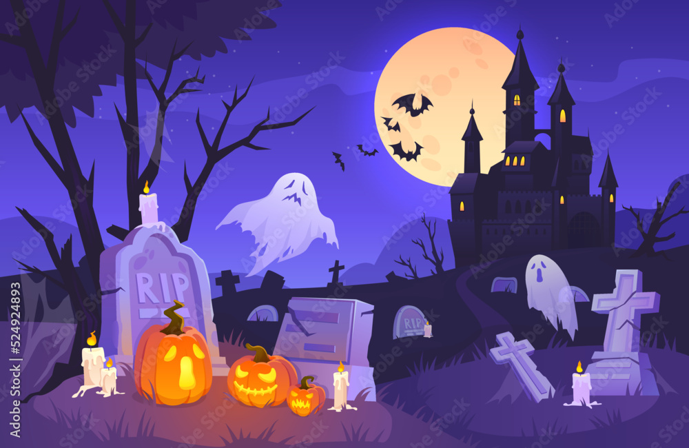 Halloween graveyard scene. Haunting nightmare hallowen background