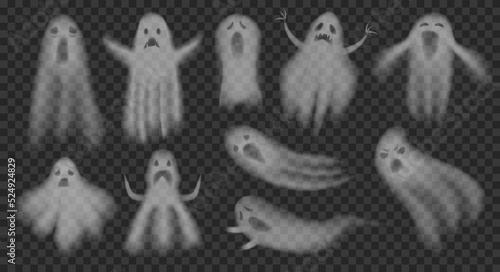 Transparent ghost. Translucent ghosts shadow halloween spooky creatures, soul phantom ghostly fog smoke spirit face creepy mist effect, horror concept ingenious vector illustration