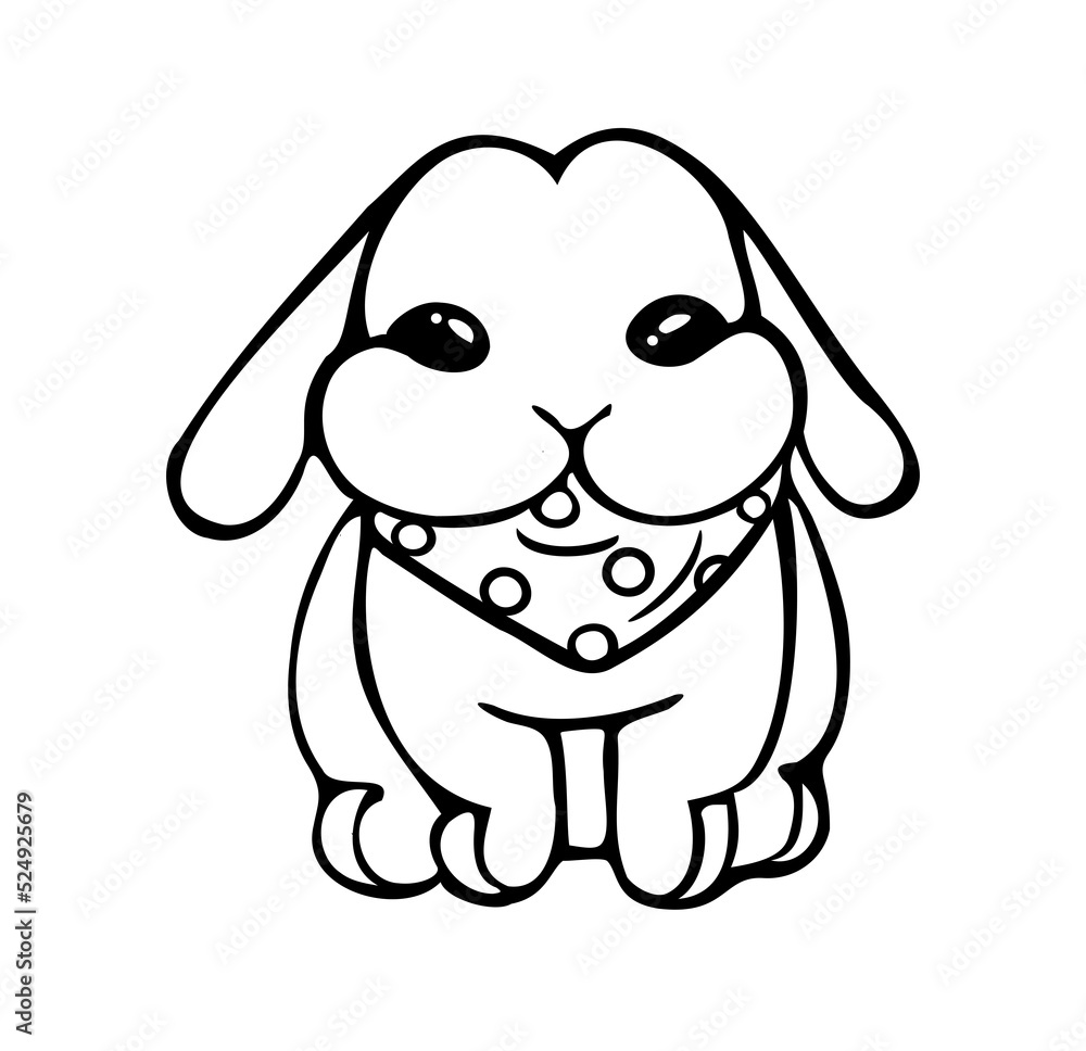 Cartoon rabbit outline silhouette black vector drawing illustration in bandana polka dots neckerchief around his neck.Sticker.T shirt print.Contour coloring page.Easter hare.Plotter laser cutting.j Cartoon rabbit outline silhouette black vector drawing illustration in bandana polka dots neckerchief around his neck.Sticker.T shirt print.Contour coloring page.Easter hare.Plotter laser cutting.j