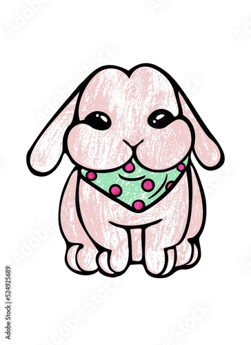 Abstract cartoon brown rabbit vector drawing illustration in green pink bandana polka dots neckerchief around his neck with crayons strokes texture.Sticker.T shirt print.Coloring page.Easter hare.