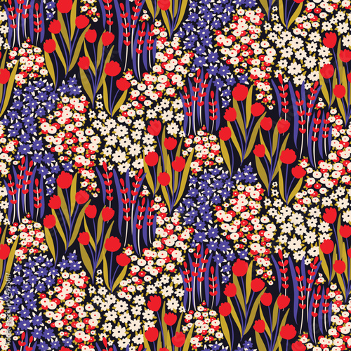 Seamless floral pattern with decorative acre autumn meadow in vintage style. Beautiful ditsy print, botanical background with art field, small hand drawn plants, wild flowers, leaves. Vector.