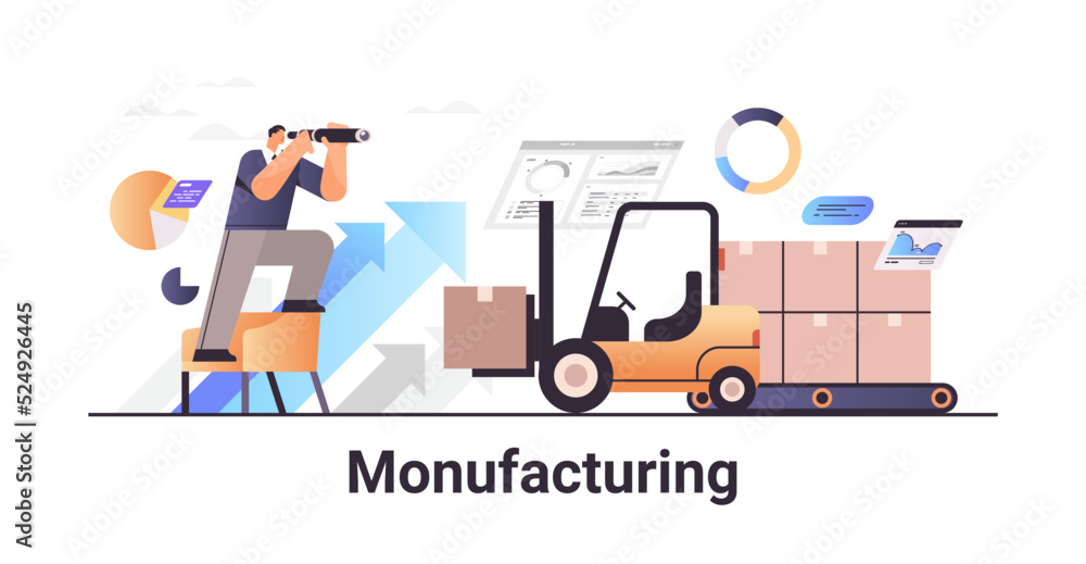 businessman looking through binocular on forklift with cardboard box carbon credit manufacturing concept