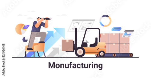 businessman looking through binocular on forklift with cardboard box carbon credit manufacturing concept