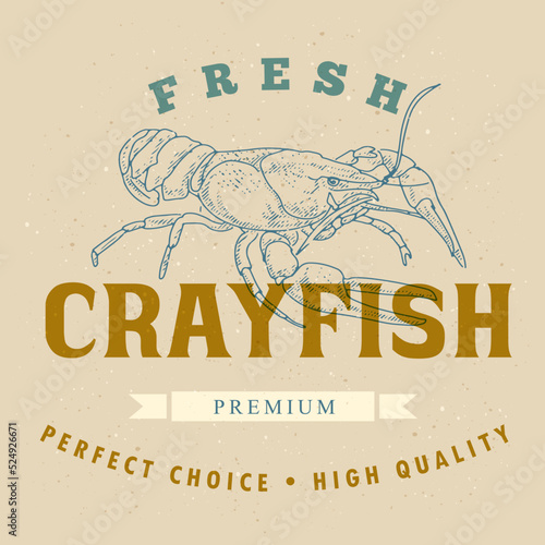 Crayfish logo template on a craft background. Retro label for the menu of fish restaurants, markets and shops. Vintage vector illustration crayfish in the style of an old engraving.