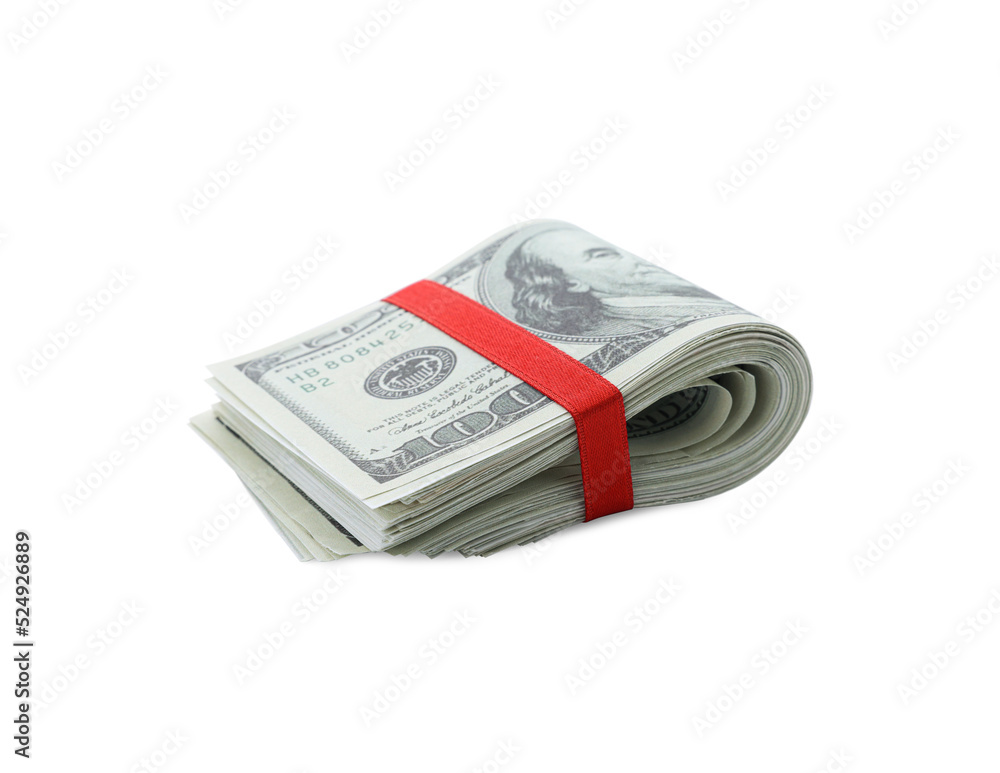 Dollar banknotes with red ribbon isolated on white Dollar banknotes with red ribbon isolated on white