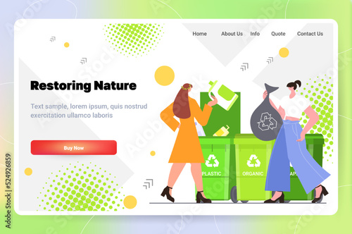 people putting garbage bags in different types of recycling bins segregate waste sorting management cleaning service restoring nature