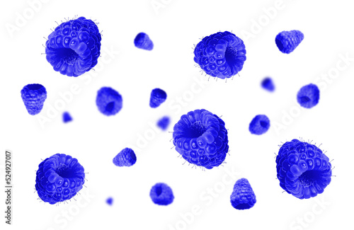 Falling blue raspberries on white background. Levitating raspberries