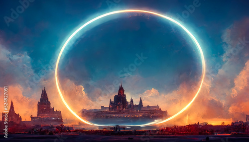 Giant floating circular ancient stone sacred structure. Abstract fantasy landscape sea  ocean. Passage to another world  abstract door  neon. Unreal world. 3D illustration.