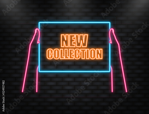 Hand holding signboard with text - New collection. Man showing billboard banner. Vector illustration.