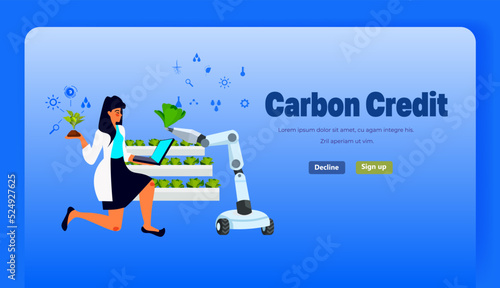 scientist with robot examining green plants in lab responsibility of co2 emission carbon credit environmental conservation