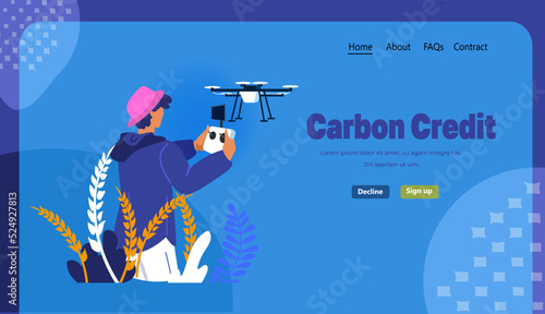 man controlling air drone with wireless remote controller carbon credit responsibility of co2 emission environmental conservation