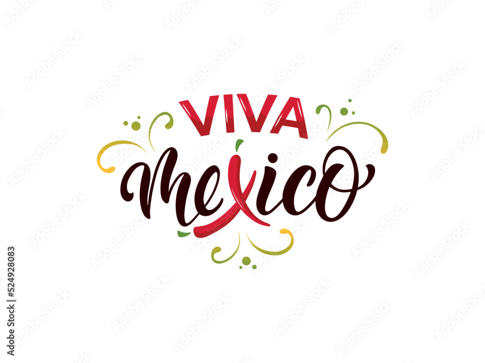 Viva Mexico handwritten text, decorated logo, hand lettering typography, modern brush calligraphy. Fiesta banner and poster design with red chilli peppers. Mexico National day banner, poster