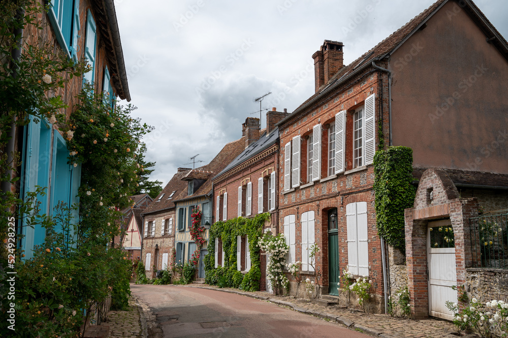 Fototapeta premium One of most beautiful french villages, Gerberoy - small historical village with half-timbered houses and colorful roses flowers, France