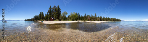 Panoramic View of Beach with Sand at Lake surrounded by Mountains and Trees. Sugar Pine Point Beach, Tahoma, California, United States. Sugar Pine Point State Park. Nature Background. Panorama