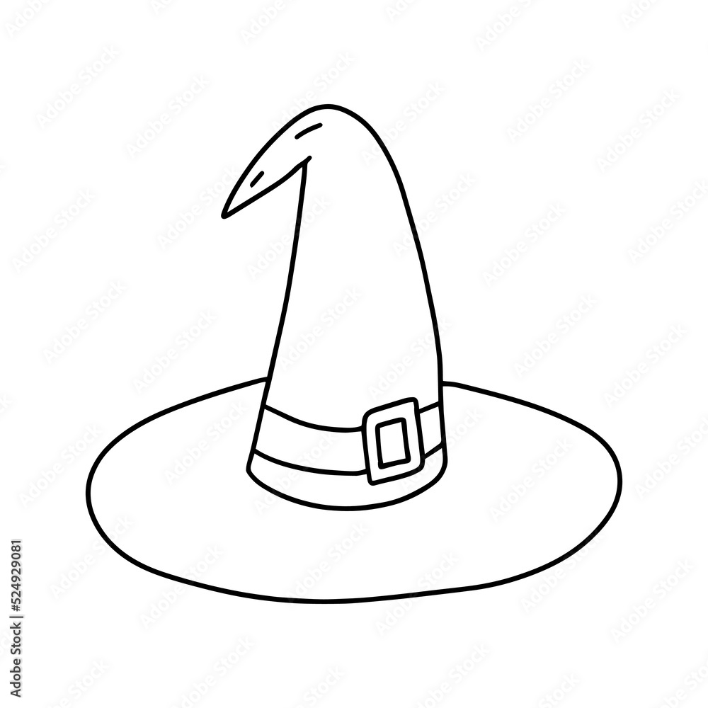 Vector doodle witch hat isolated illustration. Hand drawn witch hat for halloween clip art.