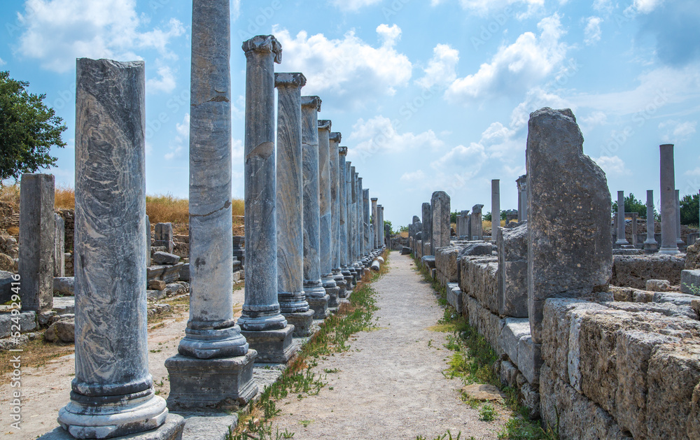 Roman ruins. Colonnaded street of city Perge. Ancient Greek colony from 7th century BC, conquered by Persians and Alexander the Great in 334 BC. Turkey