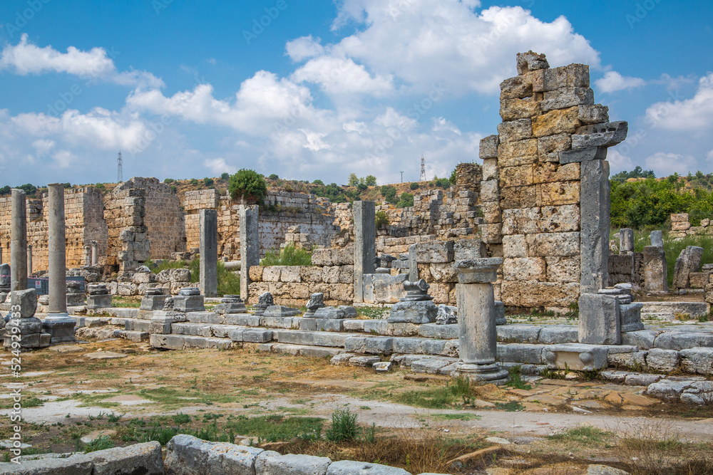 Perge, Colonnaded street and ruins of private houses on the sides. Greek colony from 7th century BC, conquered by Persians and Alexander the Great in 334 BC.