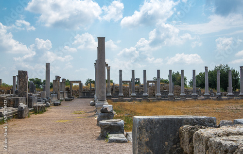 Perge, view on the ruins of Market square. Greco-Roman ancient city Perga. Greek colony from 7th century BC, conquered by Persians and Alexander the Great in 334 BC. photo