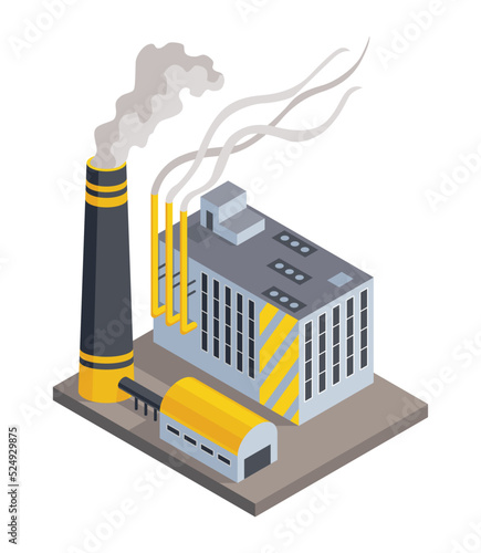 Factory isometric. Architecture of manufactures house. Industrial bulding. 3d isolated icon. Concept of industrial working plant with chimney pipe tower