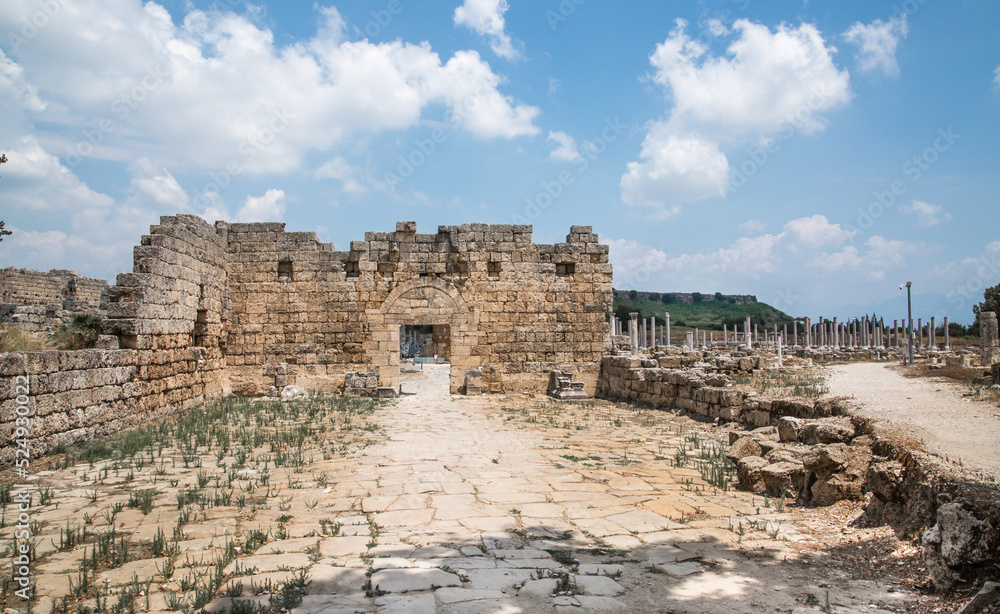 The Later City Gate from the 4th century of Perge. Greco-Roman ancient city Perga. Greek colony from 7th century BC, conquered by Persians and Alexander the Great in 334 BC.