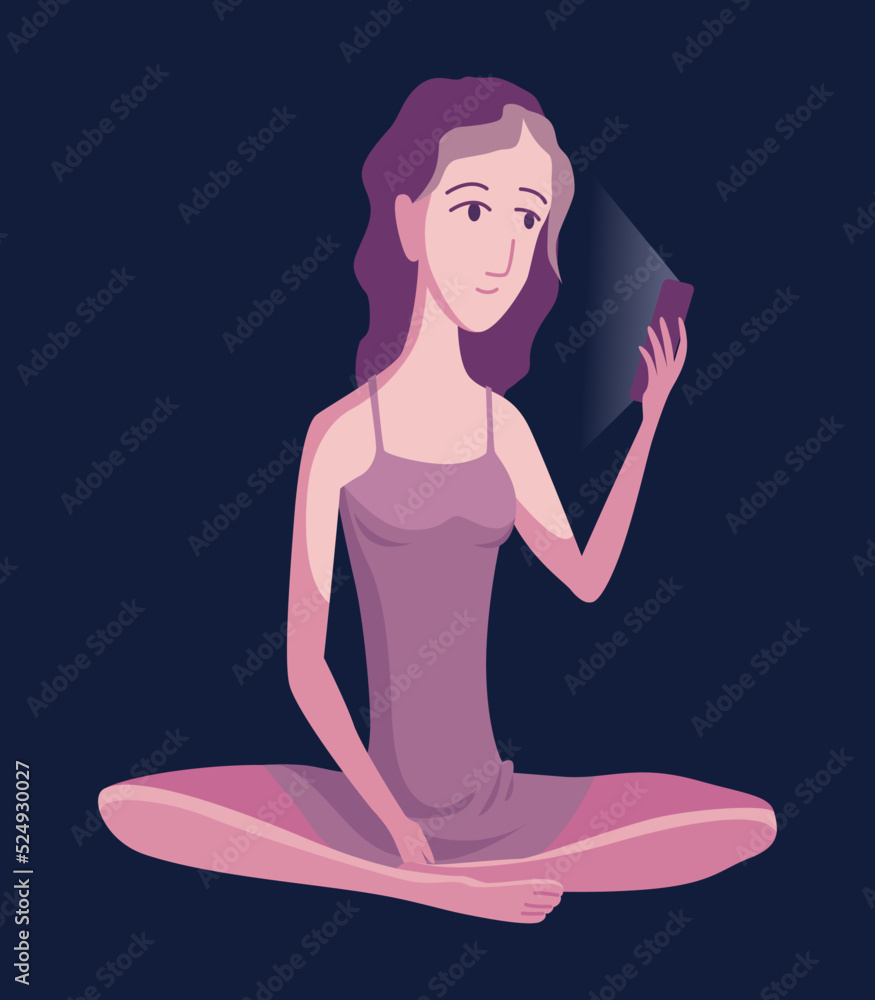 Obraz premium Smartphonesat night. People using gadget. Female person playing online video game or chatting on social networks in the bedtime. Charactes with phone device. Using mobile before sleep