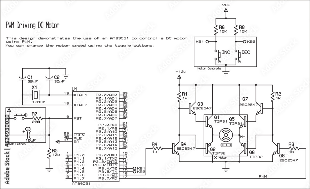 Vector diagram of an electrical schematic of a digital device (driving dc motor), operating
