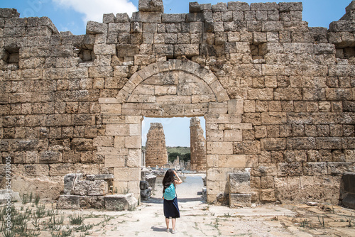 The Later City Gate from the 4th century of Perge. Greco-Roman ancient city Perga. Greek colony from 7th century BC, conquered by Persians and Alexander the Great in 334 BC.