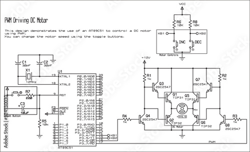 Vector diagram of an electrical schematic of a digital device (driving dc motor), operating under the control of an 8051 microcontroller. Vector drawing of an electronic motor speed control device.